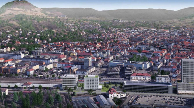 Blick in die Zukunft auf die Nordseite der Bahnlinie: Tübinger Tor und Hotel stehen bereits. Das siebengeschossige Gebäude links