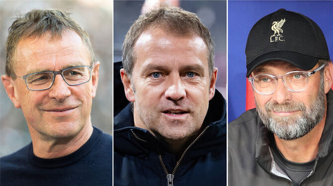 Die Bildkombo zeigt Ralf Rangnick (Trainer Leipzig, l-r), Hansi Flick (Trainer Bayern München), Jürgen Klopp (Trainer FC Liverpo