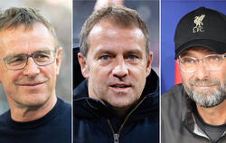 Die Bildkombo zeigt Ralf Rangnick (Trainer Leipzig, l-r), Hansi Flick (Trainer Bayern München), Jürgen Klopp (Trainer FC Liverpo