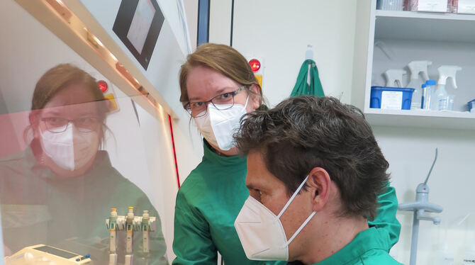 Nicole Schneiderhan-Marra und Ulrich Rothbauer untersuchen am NMI in Reutlingen eine Blutprobe auf Antikörper