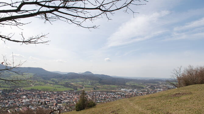 Ausblick vom Hofbühl-Gipfel. Im Ermstal schmiegen sich Neuhausen und Metzingen aneinander, dahinter wellt der Albtrauf und ragt
