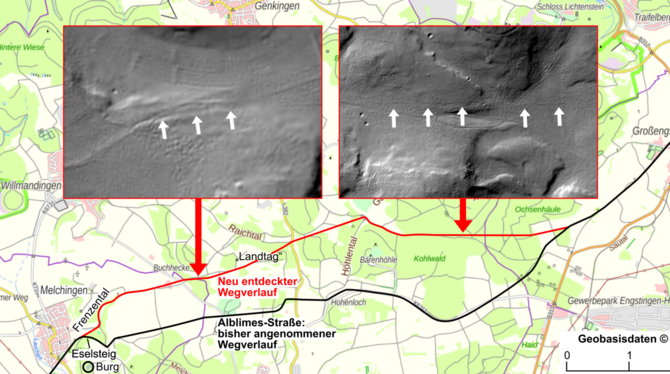 Die Karte zeigt den bislang vermuteten Verlauf (schwarze Linie) des »Alblimes« und die neu entdeckte wahrscheinliche Trasse (rot