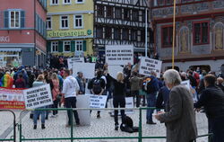 Tübingen: Viele Demonstranten hatten Schilder mit Parolen gegen die Corona-Maßnahmen dabei.