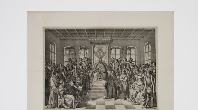 Martin Luther (im dunklen Rock) vor Kaiser Karl V. (Mitte) auf dem Reichstag zu Worms 1521.  BILD: HEIMATMUSEUM REUTLINGEN