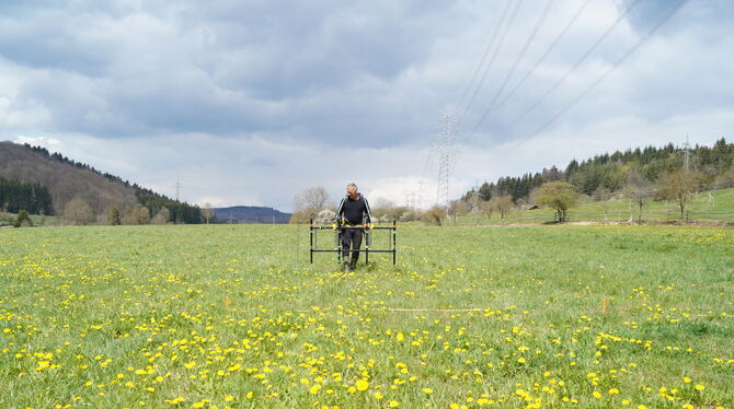 Harald Scherzer schreitet mit seiner Sonde die Flächen unter den Hochspannungsleitungen ab.  FOTO: WURSTER