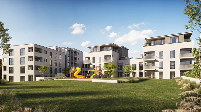 So könnten die geplanten Mehrfamilienhäuser des Bauprojekts Große Heerstraße 33 aussehen.  GRAFIK: IVC MAYER GMBH