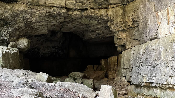Aus dem Portal der Falkensteiner Höhle läuft an diesem Vormittag im April Wasser des Höhlenbachs heraus. FOTO: KLEIN