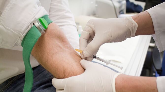 Der Impfstoff wird intravenös injiziert und gleichzeitig ein Malaria-Medikament gespritzt.  FOTO: UNI TÜBINGEN/PAUL MEHNERT