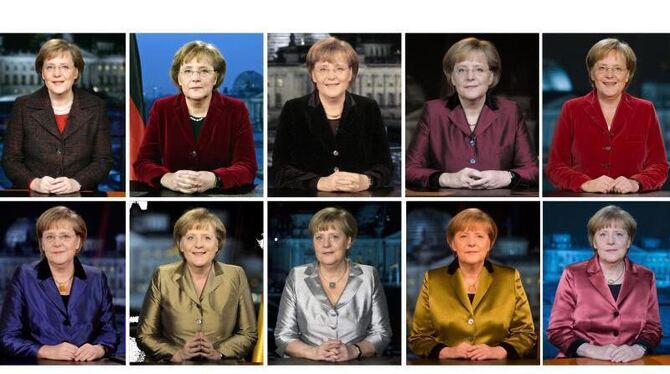 Merkel bei ihren 10 Neujahrsansprachen in den Jahren 2005 - 2009 (obere Reihe v.l) und 2010 - 2014 (untere Reihe v.l). Foto: