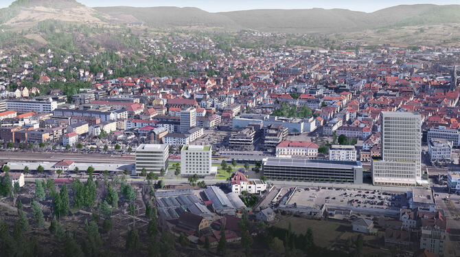 Das Hochhaus »Stuttgarter Tor« ist namensgebend fürs künftige Quartier. Das Hotel ist im Bau, Haus 3 in der Planung.  FOTOMONTAG