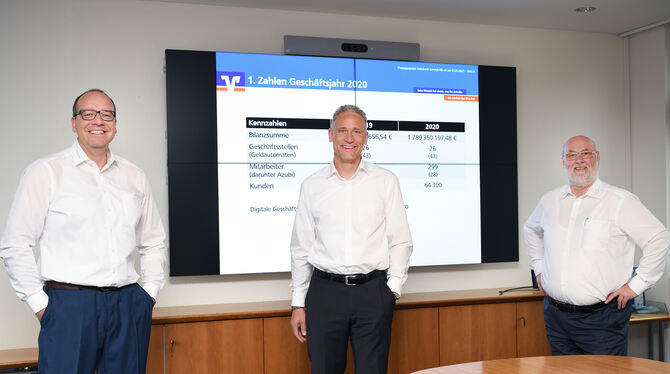 Der Vorstand der Volksbank Ermstal-Alb präsentierte die Zahlen des Finanzinstituts für das Jahr 2020 (von links): Michael Stadel