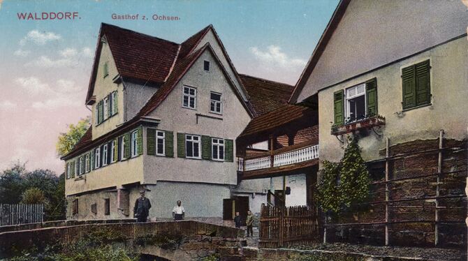 Der Walddorfer »Ochsen« auf einer historischen Postkarte. Er war einst erstes Haus am Platze und Ausflugsziel für Studenten.  FO