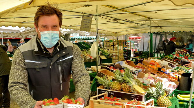 Am Marktstand von Alexander Bunzel hat die Erdbeer-Saison begonnen: mit fruchtig-süßen »Clerys«. FOTO: NIETHAMMER