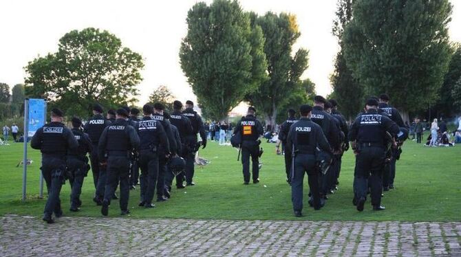 Polizeibeamte gehen über die Neckarwiese in Heidelberg
