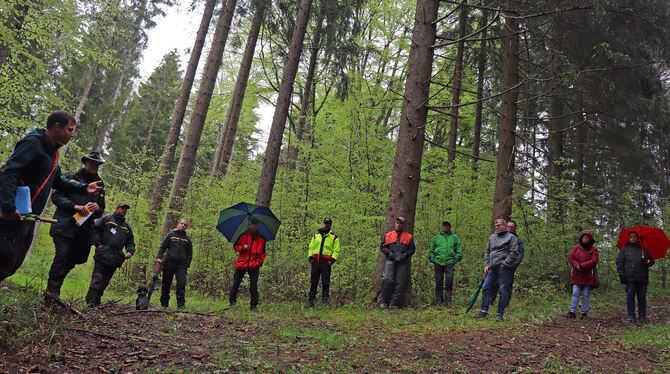 Der Gemeinderat Münsingen mit  Vertretern des Kreisforstamts beim Waldumgang auf dem Reichertsberg. FOTO: BLOCHING