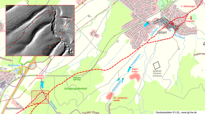 Die Karte zeigt den wieder entdeckten Verlauf einer mittelalterlichen Hauptstraße von Hechingen über Belsen nach Öschingen. Das