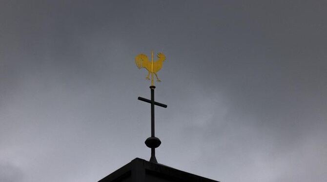 Blick auf ein Kreuz und einen Wetterhahn auf einer Kirche