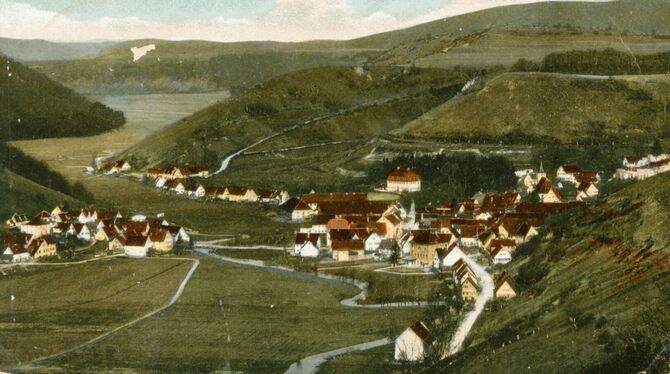 Postkartenansicht von Buttenhausen um 1900: In der Bildmitte, leicht am Ortsrand, liegt das Schloss der Familie Liebental, die e