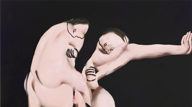 Das Gemälde von Ambera Wellmann zeigt zwei nackte Figuren. Ob ein sexueller Übergriff dargestellt wird, bleibt offen.  FOTO: STA