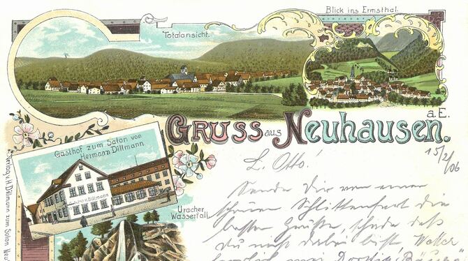 Postkarte von Neuhausen, mit Gasthof zum Salon und Ermstalmotiven. KARTE: STADTARCHIV
