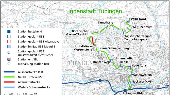 So soll die künftige Innenstadtstrecke der Regionalstadtbahn in Tübingen verlaufen.  GRAFIK: ZWECKVERBAND REGIONALSTADTBAHN