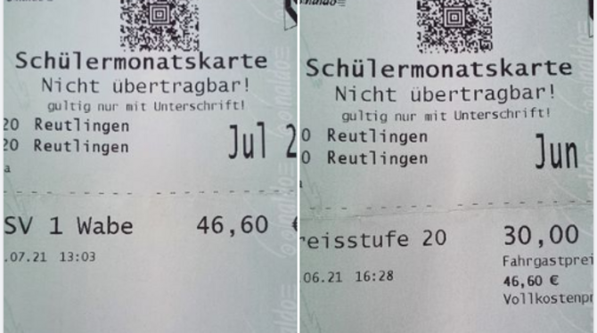 Links: Die Schülermonatskarte für Juli, die statt 30 Euro nun wieder 46, 60 Euro kostet.