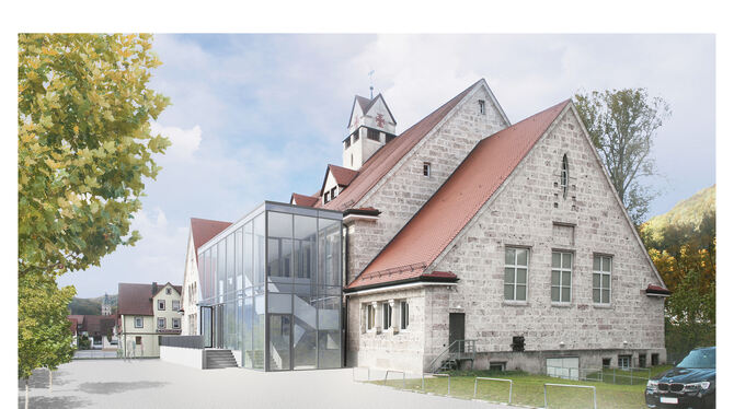 So soll die Uracher Festhalle nach ihrem Umbau mit dem Glasanbau von Architekt Gerhard Keppler nach der Sanierung aussehen.  BIL