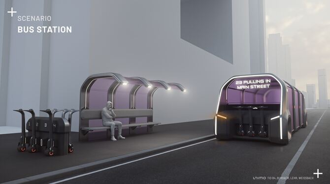 Studierende der Hochschule Reutlingen präsentieren Arbeiten, die sich mit der Zukunft der Mobilität beschäftigen.  GRAFIK: UNIMO