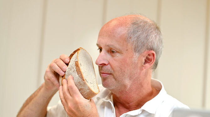 Manfred Stiefel prüft den Geruch des Brotes. Aber auch Aussehen, Kruste, Krume und vor allem Geschmack sind Kriterien. FOTOS: PI