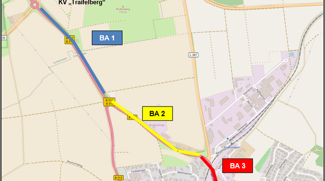 Die Sanierung der B 312 zwischen Traifelberg-Kreisel und Kleinengstingen erfolgt in vier Abschnitten.  GRAFIK: RPTÜ