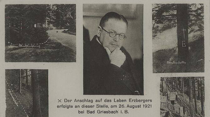 Eine Postkarte mit Fotos aus den 1920ern zeigt den Tatort des Erzberger-Mords am 26. August 1921.  FOTOS: ANTON HUBER/SAMMLUNG R