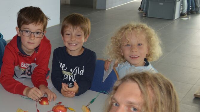 Eine Apfelbatterie bringt eine Diode zum Leuchten: Experiment im Sonnenbühler Ferienprogramm. FOTO: PRIVAT