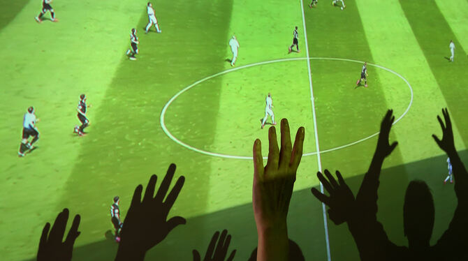 Fußballfans verfolgen in einer Wohnung auf einer von einem Beamer bespielten Großleinwand ein Fußballspiel der Bundesliga.