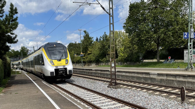 Ein Abellio-Zug fährt von Stuttgart aus in den Bahnhof von Metzingen ein.  FOTO: KLEIN