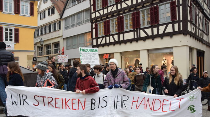 Protest in Tübingen: Aktivisten der Fridays-for-Future-Bewegung ziehen auf den Marktplatz und übergeben einen Katalog mit zehn F