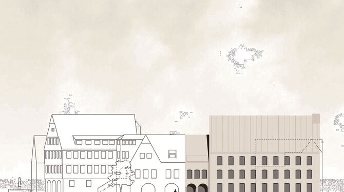 Der Entwurf von Eberhard Wurst schließt sich über einen Gelenkbau an das bestehende Rathaus II an.  ENTWURF: WURST