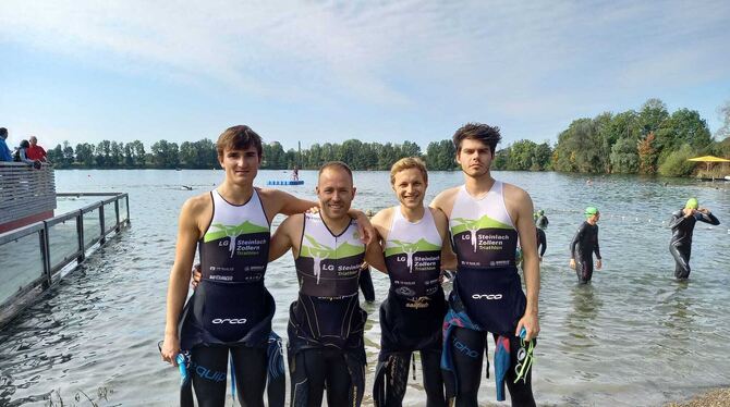Die stolzen Meister der Triathlon-Landesliga Süd von der LG Steinlach-Zollern (von links): Paul Holzer, Dominik Kiefer, Luca Hau