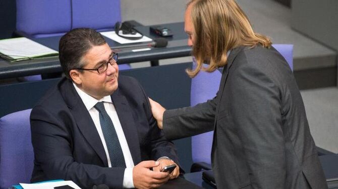 Bundeswirtschaftsminister Gabriel (l) und der Fraktionschef der Partei Bündnis 90/Die Grünen, Hofreiter, im Bundestag. Foto: