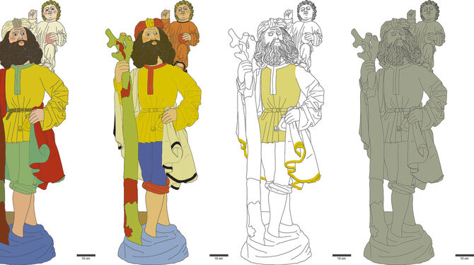 Farben der Skulptur des Heiligen Christophorus, der mit dem Christuskind auf seinen Schultern durch die Fluten watet, haben sich