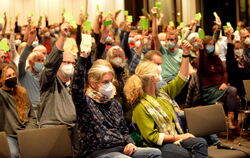 Lauter grüne Kärtchen: Bei nur einer Gegenstimme stimmt die Mitgliederversammlung der Tübinger Grünen für die Urwahl.  FOTO: NIE