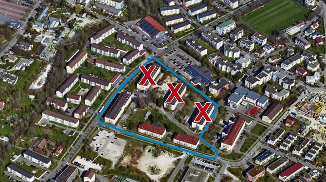 In der blauen Umrandung liegt das verkleinerte Plangebiet: Oberhalb der drei Abrissgebäude (mit rotem X) liegt das Aldi-Areal, d