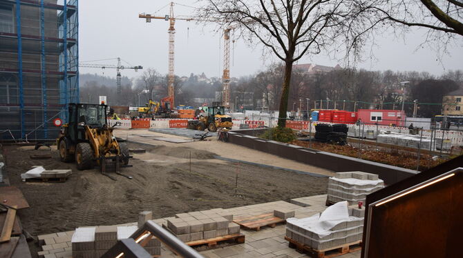 Die ersten Pflastersteine liegen am Tübinger Europaplatz. Die Bäume sind von einer Betonumrandung geschützt. Die Mauer wird noch
