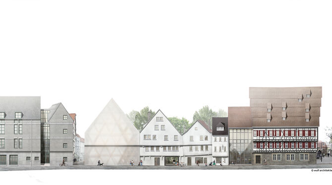 So soll es einst aussehen: Visualisierung der historischen Häuserzeile Oberamteistraße 28 bis 34 zwischen Volkshochschule (links