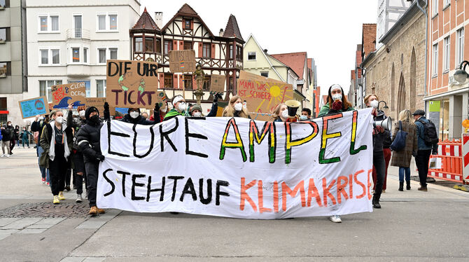 Auf dem Reutlinger Marktplatz forderten Klima-Aktivisten schärfere Maßnahmen im Kampf gegen die Klimakrise.  FOTO: PIETH