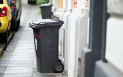 Eine Mülltonne steht am Straßenrand.