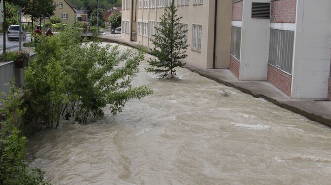 Das Ermswasser des Dreiachtelkanals ist schon in die deutlich angestiegene Elsach geflossen. Sie war kurz davor überzulaufen. Das Ermswasser des Dreiachtelkanals ist schon in die deutlich angestiegene Elsach geflossen. Sie war kurz davor überzulaufen.