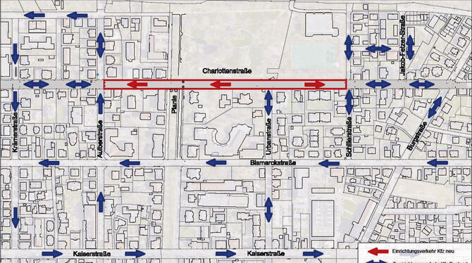 Die Charlotten- straße  unterbrechen  künftig zwischen  Aulber- und  Schillerstraße  zwei gegenläufige Einbahnstraßen.   GRAFIK