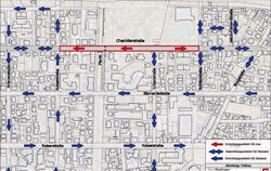 Die Charlotten- straße  unterbrechen  künftig zwischen  Aulber- und  Schillerstraße  zwei gegenläufige Einbahnstraßen.   GRAFIK