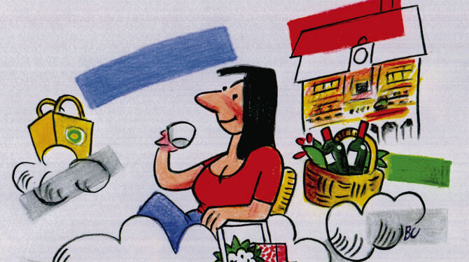 Wie auf Wolken sieht Karikaturist Sepp Buchegger die Möglichkeiten, ganz entspannt in Tübingen einzukaufen.  GEA-REPRO
