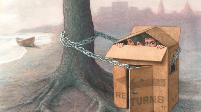 In der Ausstellung »Ein Ort. Irgendwo« ist auch diese Karikatur von Krzysztof Grzondziel aus Polen zu sehen. FOTO: BLOCHING